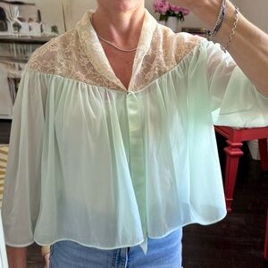 Vintage Vanity Fair Mint Sheer Blouse Lace Yoke